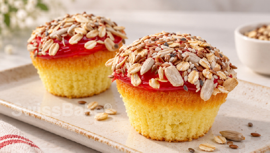 Multigrain Lemon Muffins with Strawberry Glaze Topping